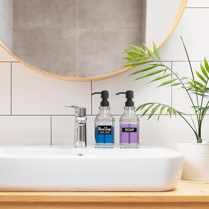 Soap Dispenser - 2 Pack, Antique Design Thick Glass Hand Soap Dispensers with Sturdy Tray; 304 Rust Proof Stainless Steel Black Pump, 12Pcs Stickers, for Kitchen, Bathroom