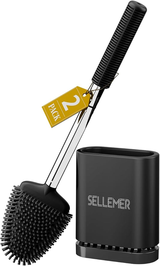 Sellemer Toilet Brush and Holder Set - Flexible Toilet Bowl Brush Head with Silicone Bristles, Compact Size for Storage and Organization, Ventilation Slots Base (2 Pack, Black)