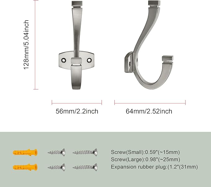 SAILING Coat Hooks - 5 Pack Brushed Nickel Towel Hooks Robe Hooks Decorative Wall Hooks for Bathroom Bedroom Kitchen Towel Robe Clothes Cabinet Closet Bathroom Hardware