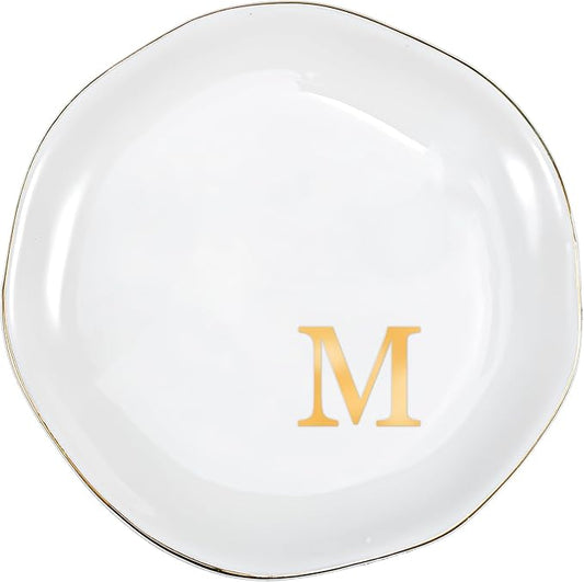 ProCase Ceramic Jewelry Tray, Initial Ring Dish Trinket Plate Engagement Gift, Small Personalized Monogram Ring Bowl for Wedding, White Decorative Jewelry Holder for Women Vanity -Letter M