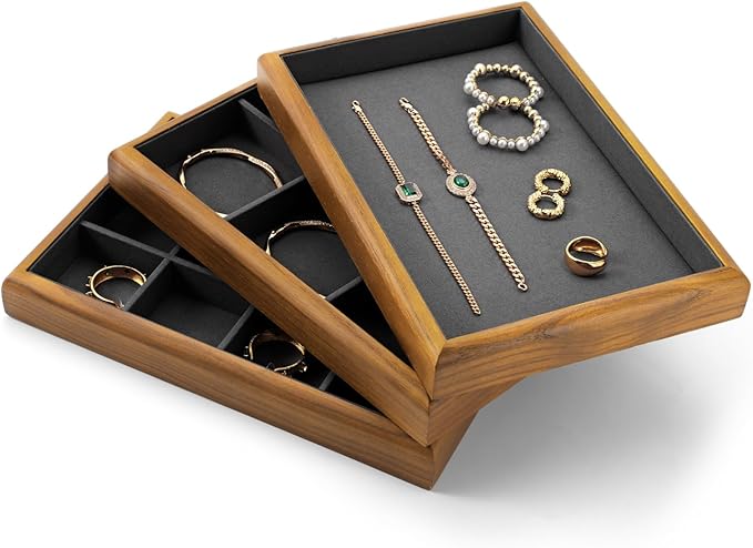 Oirlv Solid Wood 12 Grid Jewelry Organizer Tray Jewelry Drawer Organizer for Rings Earrings Storage Display(Grey)