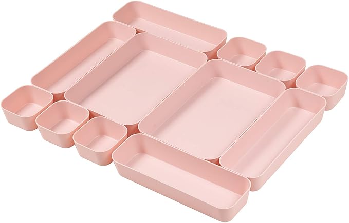 Backerysupply Set Of 12 Pink Color Plastic Desk Drawer Organizers For Makeup Bathroom Office Kitchen Vanity Drawer Storage Box Container