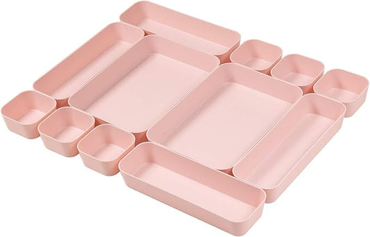 Backerysupply Set Of 12 Pink Color Plastic Desk Drawer Organizers For Makeup Bathroom Office Kitchen Vanity Drawer Storage Box Container