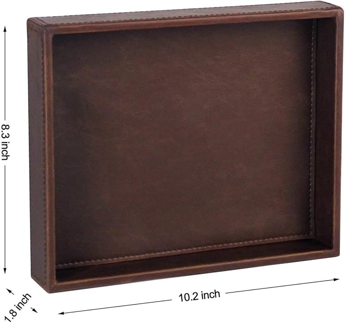 HofferRuffer Decorative Vanity Tray, Desktop Storage Organizer, Catchall Tray, Valet Tray, Nightstand or Dresser Organizer, PU Faux Leather Bathroom Tray, Brown, 10.2 x 8.4 x 1.8 inches