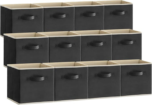 Lifewit 13 Inch Cube Storage Bins, 12 Packs Storage Cubes Foldable Decorative Fabric Storage Baskets for Organizing Home Organizers with Handles for Shelves, Closet, Black