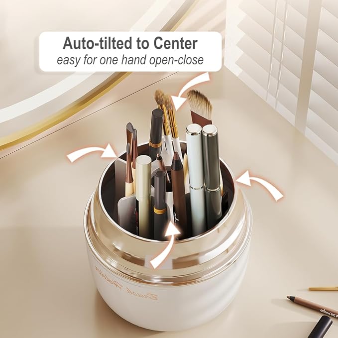 Makeup Brush Organizer With Lid, 360° Spinning Cosmetic Brush Holder for Bathroom Countertop, Compact Cosmetic Display Case for Vanity, Bedroom and Dresser (Pink)