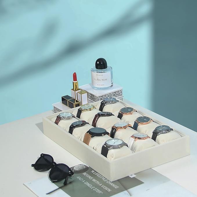 Coward Beige Velvet Watch Bangle Organizer Tray, Velvet 12 Grids Tray for Watches Bracelets Jade Bangle Holder Selling Show