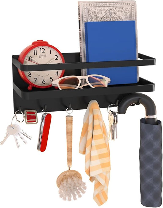 Magnetic Key Holder with Tray and Hooks, Steel Shelf for Keys, Letters, Coats, Office or Kitchen Use (Black, Medium)