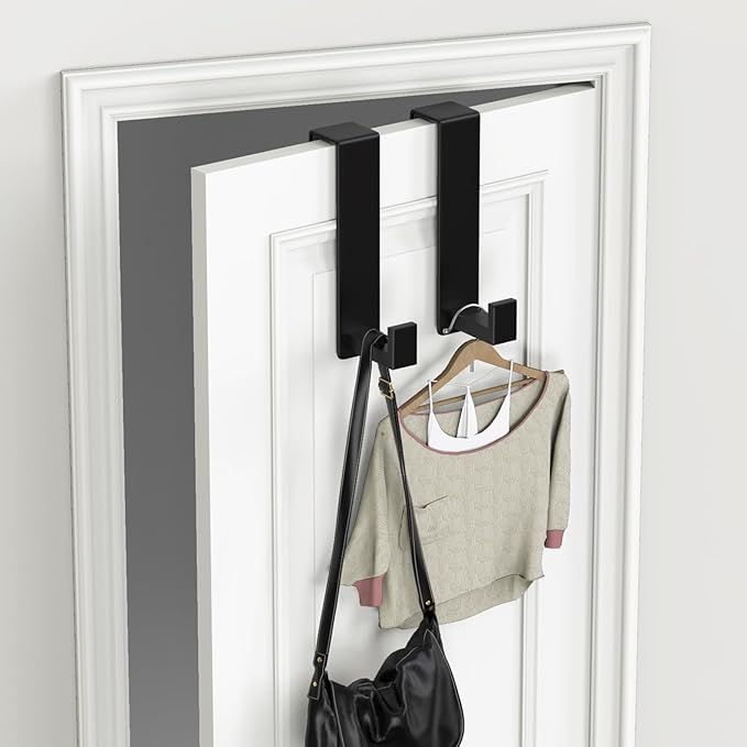 PMMASTO 2-Pack Over The Door Hooks - Rustproof Stainless Steel Door Hangers Fits for 1-3/4 Inch Thick Doors, Non-Marking and Tool-Free Easy Install (Black, L Shape)