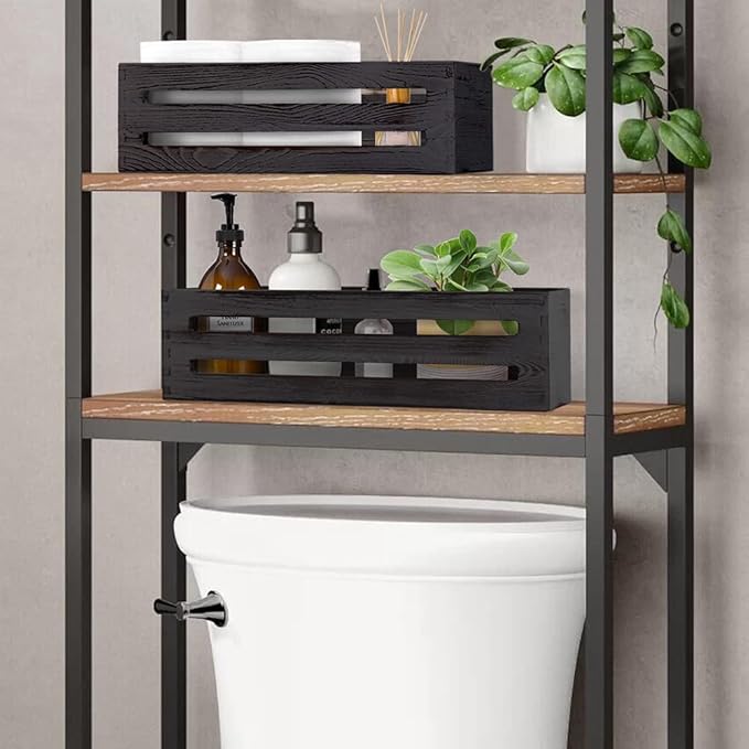 LotFancy Bathroom Decor Box, 2 Pack Wooden Toilet Paper Holder, Black Toilet Tank Basket, Back of Toilet Storage Basket, Farmhouse Toilet Tank Topper