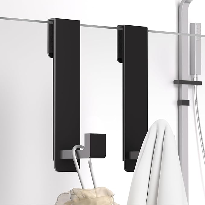 PMMASTO Shower Door Hooks, (7.5 Inch) Extended Towel Hooks for Bathroom Frameless Glass Shower Door, Stainless Steel Heavy Duty Hooks for Hanger Robe,Towel (Black ''L'' Shape 2 Pack)