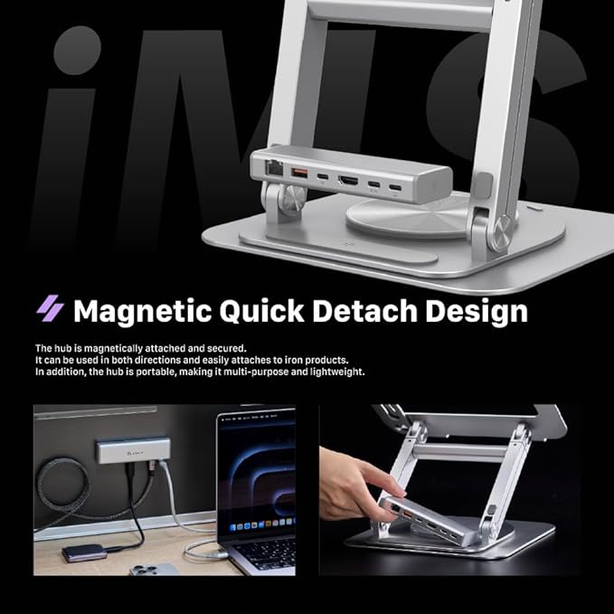 ADAM ELEMENTS USB-C Stand Ultra/Laptop Docking Station – Hub Stand Ultra USB-C Magnetic 6in1 Hub for All MacBook, iPad & USB-C Laptop