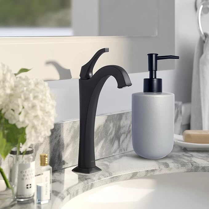 Gray Soap Dispenser with Matte Black Pump for Bathroom,Minimalist Modern Design Cylindrical Lotion Dispenser,12oz Ceramic Hand Dish Soap Dispenser,Refillable Liquid Dispenser for Kitchen (Gray)