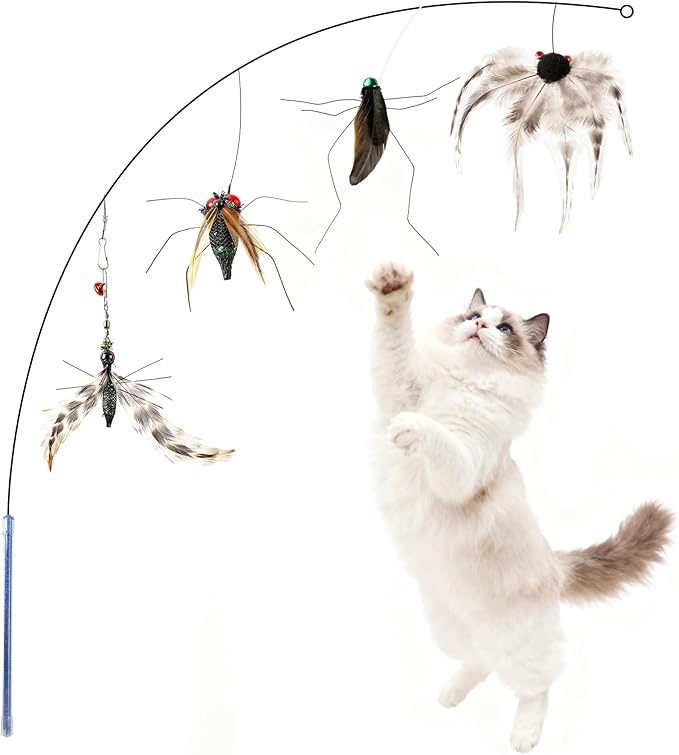 Interactive Cat Toy Bug Toys for Cats 4 Realistic Flying Bugs Cat Wand (4pcs Realistic Bug Refills + 1pc Cat Wand)