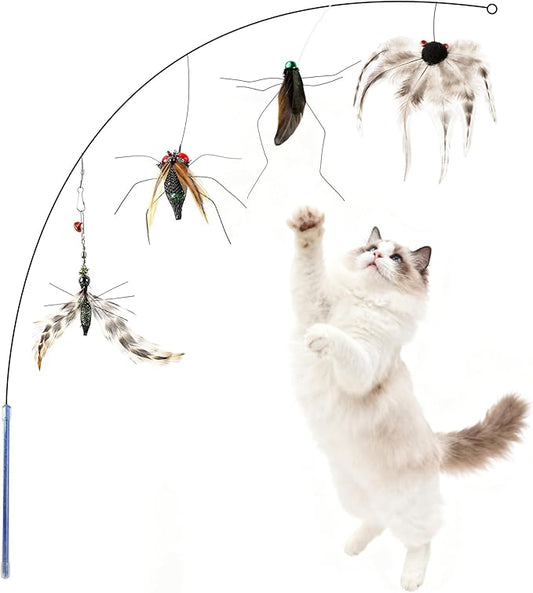 Interactive Cat Toy Bug Toys for Cats 4 Realistic Flying Bugs Cat Wand (4pcs Realistic Bug Refills + 1pc Cat Wand)