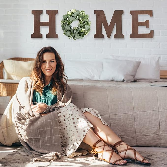 Wooden Home Sign Wall Hanging Decor - Wood Letters for Wall Art with Artificial Eucalyptus Wreath Rustic Home Decor Farmhouse, Wall Decor for Living Room Kitchen Housewarming Gift (Brown)
