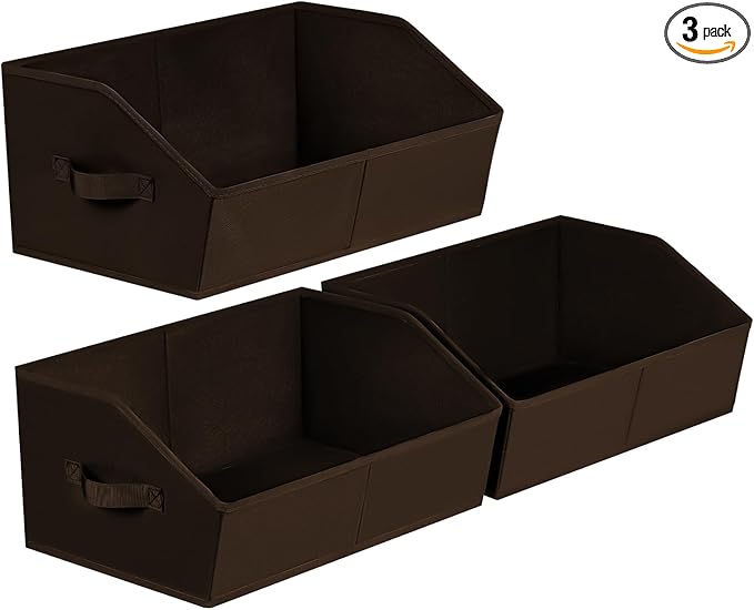 Closet Baskets for Shelves Trapezoid - Decorative Storage Baskets with Handle, Closet Bins for Organization, Shelf Storage Bins for Clothes, Books, Home, Office, 3 Pack, Brown