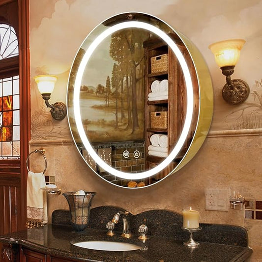 30 inch Round Medicine Cabinet with Lights,Led Medicine Cabinet with Defogger,Illuminated Mirror Cabinet for Bathroom,Dimmable,Defogger,3 Color Temperature 3000k-6500k Gold
