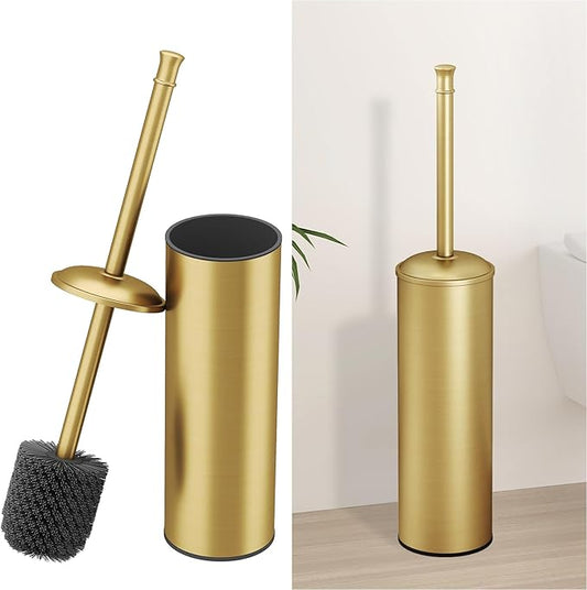 BESy Toilet Brush and Holder, Toilet Cleaner Bowl Set with Two Brush with Extra Long Handle, Durable Bristles Toilet Scrubber and Covered Holder, Drip-Proof Stainless Steel Brushed Gold