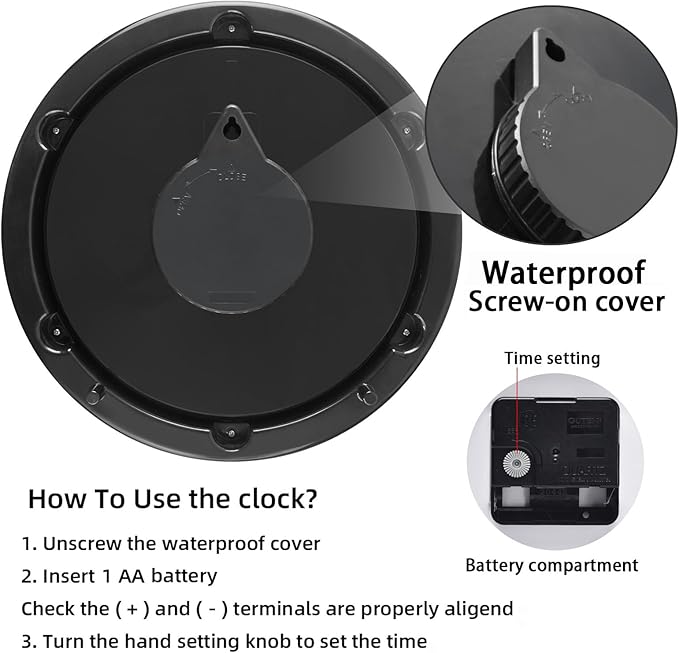 Caysie 10 Inch Sealed Indoor Outdoor Clock Waterproof, Silent Battery Operated Weatherproof Wall Clocks for Pool Patio Outside Home (Black)