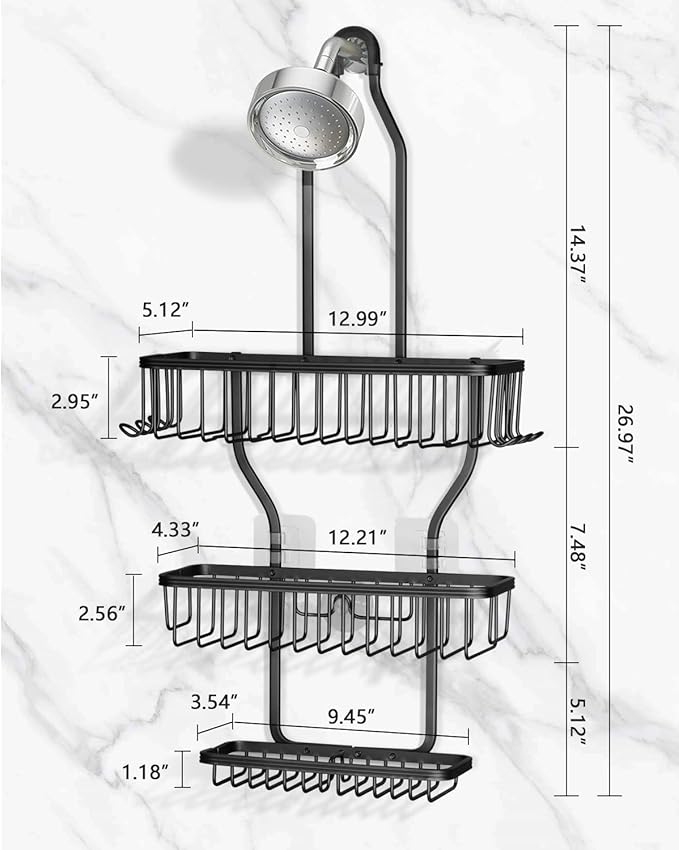 Shower Caddy Hanging - Never Rust Shower Hanging Organizer - Aluminum Over the ShowerHead Caddy with Soap Basket and 6 Hooks for Razor/Sponge (Black)
