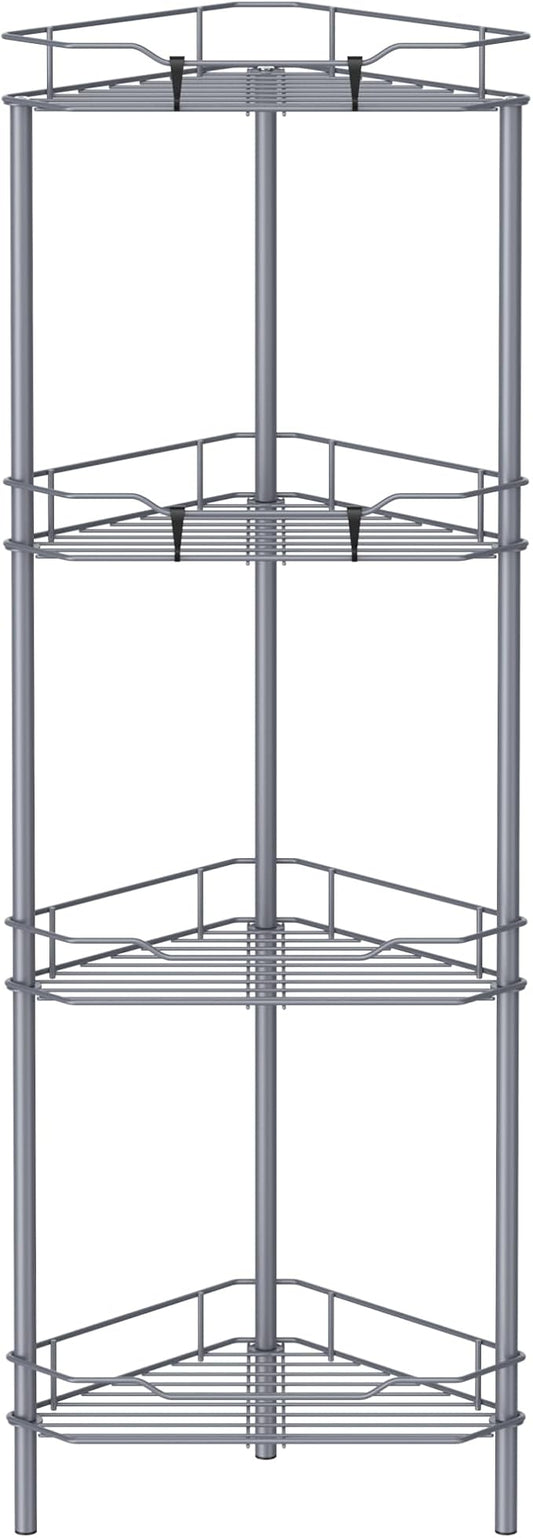4 Tier Floor Standing Corner Shower Caddy Organizer Shelf with Hooks, Bathroom Shelves Stand Rack, Dark Gray