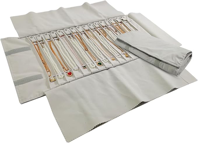 Portable Jewelry Roll Untangled Secure Necklace Travel Storage Bag Displays Holder 16 Chain (Beige)