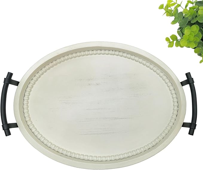 Oval Rustic Wooden Decorative Tray, Serving Tray with Metal Handles, Ottoman Coffee Table Tray, Farmhouse Centerpiece for Kitchen or Living Room (White)