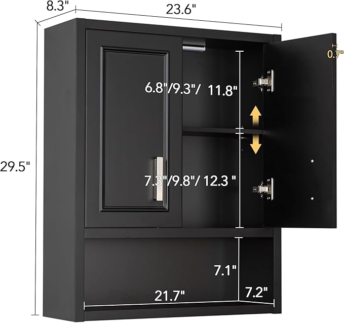 Black Wall Cabinet 23x29 inch for Bathroom Laundry Room Bedroom Kitchen Wood Medicine Cabinet, DIY Lighting, Soft-Close Hinge, 2 Door,Above Toilet Storage