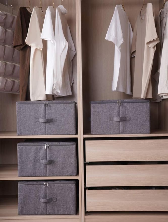 Pack of 2, Fabric Folding Washable Clothes Storage Boxes with Zip Lid for Wardrobe, Black Gray