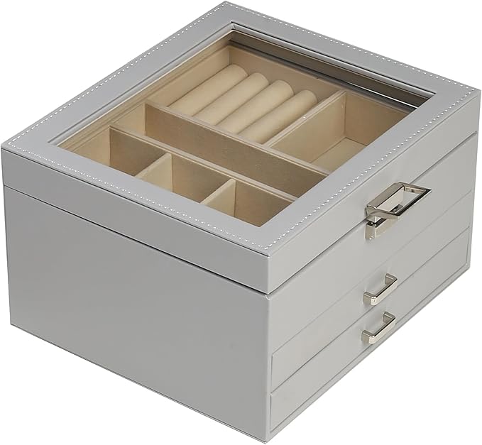 BOOVO Clear Lid Jewelry Box,3 Layers Jewelry Organizer Large Multi-Functional Jewelry Storage Box with 2 Drawers,Jewelry Display Case of Rings Earrings Necklace Bracelets for Women Girls (Grey)