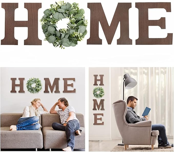 Wooden Home Sign Wall Hanging Decor - Wood Letters for Wall Art with Artificial Eucalyptus Wreath Rustic Home Decor Farmhouse, Wall Decor for Living Room Kitchen Housewarming Gift (Brown)