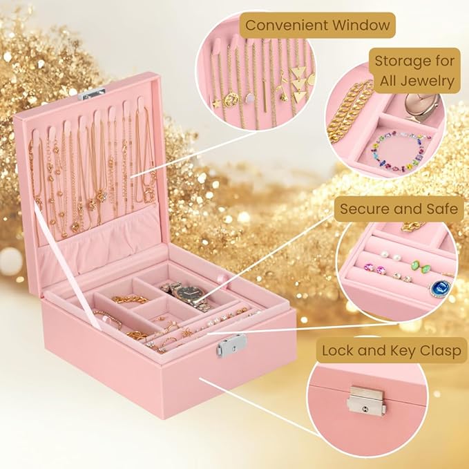 2 Layer Jewelry Box, Jewelry Organizer For Woman, Men & Girls Large Case 8.5x7.5x3.3in | PU Leather Jewelry Gift Storage Boxes For Ring, Necklace & Bracelet With Lock (Pink)
