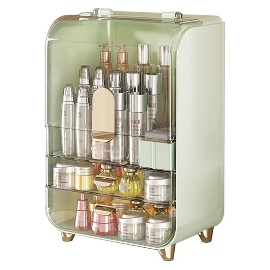 Makeup Storage Box with 2-Tier Drawer and Transparent Cover for Countertop Storage, Makeup Organizer for Skincare, Clear Cosmetic Display Case for Vanity (Avocado Green)
