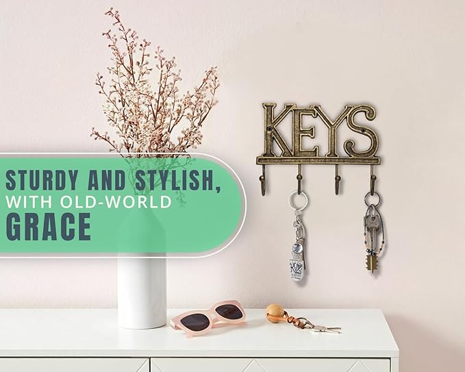 Comfify Key Holder for Wall - Decorative Farmhouse Rustic Wall Mount Key Organizer with 4 Hooks - Vintage Cast Iron Key Rack with Screws and Anchors – 6x8 - Gold with Black