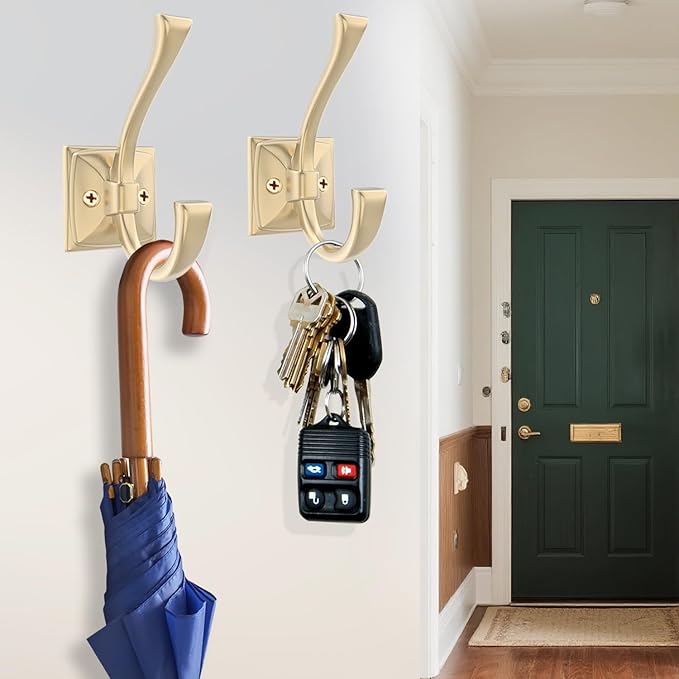 2 Pack Brushed Gold Wall Hooks for Hat, Coat, Towel, Key, Bag, Mudroom Hooks Entrance Bathroom Door Decorative Heavy Duty Coat Hanger