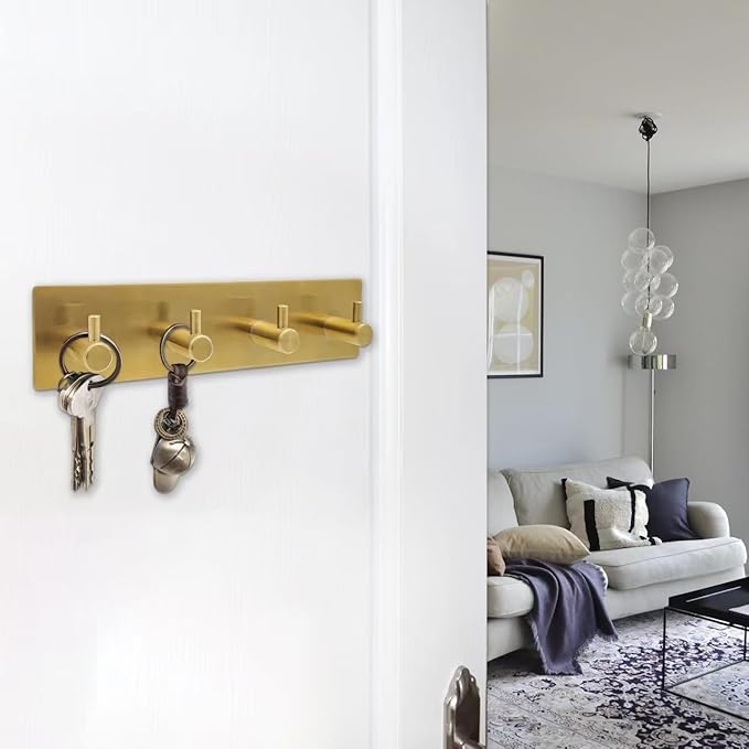 Self Adhesive Key Hook Rack with 4 Hooks for Keys, Masks - Wall Mounted Entryway, Hallway Hanger - Gold
