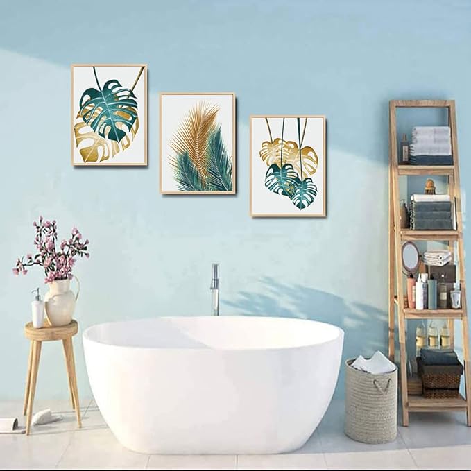 Natural Wood Framed Wall Art For Living Room Wall Decorations For Bedroom Kitchen Wall Decor Dining Room Abstract Painting Leaves Wall Pictures Artwork Bathroom Home Decor 3 Piece Framed Art Prints