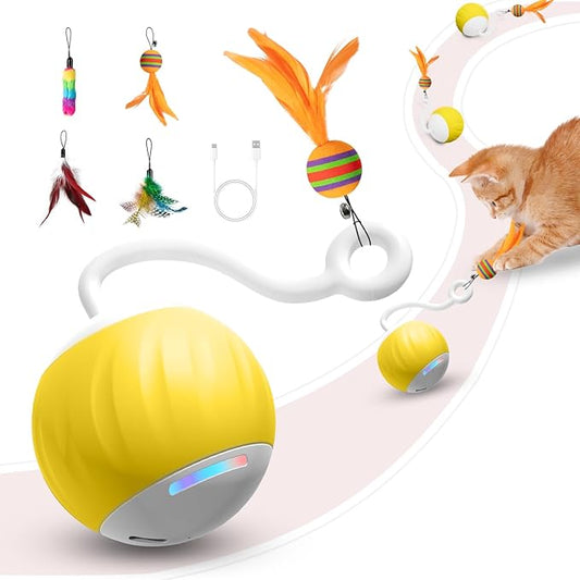 Interactive Cat Toys Ball - Electric Automatic Toys for Indoor cats, LED Lights and Toys Feather Tail with Sound Activated and Touch, USB Rechargeable, 2peeds Mode for Bored Kittens/Adult Cats/Ferret