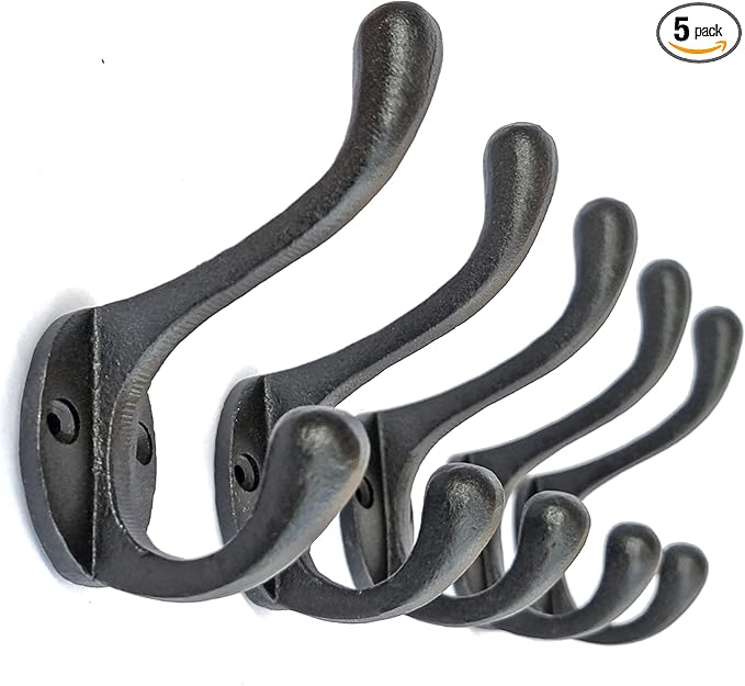 5 Pack Decorative Cast Iron Heavy Duty Double Hooks, Wall Mounted Coat Hooks, Vintage Inspired (Antique Black) (Cornish Hook)