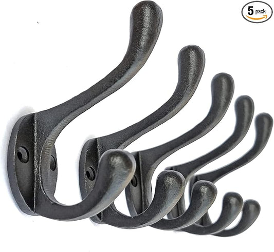 5 Pack Decorative Cast Iron Heavy Duty Double Hooks, Wall Mounted Coat Hooks, Vintage Inspired (Antique Black) (Cornish Hook)