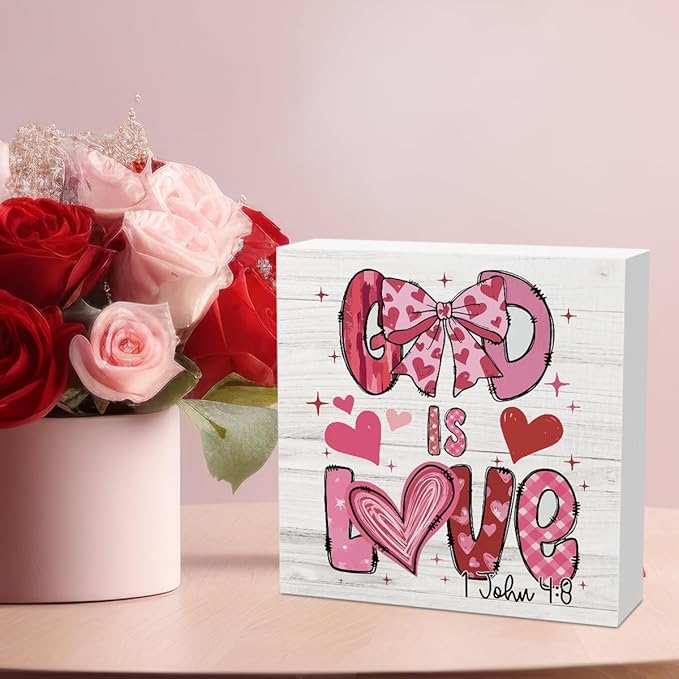 Christian Valentines Day Decorations for Home Scripture Desk Decor God Is Love Decorations for Kitchen Table Valentine’S Day Gifts for Boyfriend Girlfriend 5 X 5 Inchs