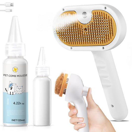 Pet Steam Brush for Dog & Cat – shower bath brush – Steam for Shedding & Grooming Water Brush for Long & Short Haired Pets Spritz Defur Comb 3-in-1 Spray Hair Removal Comb Includes 1*Waterless Shampoo