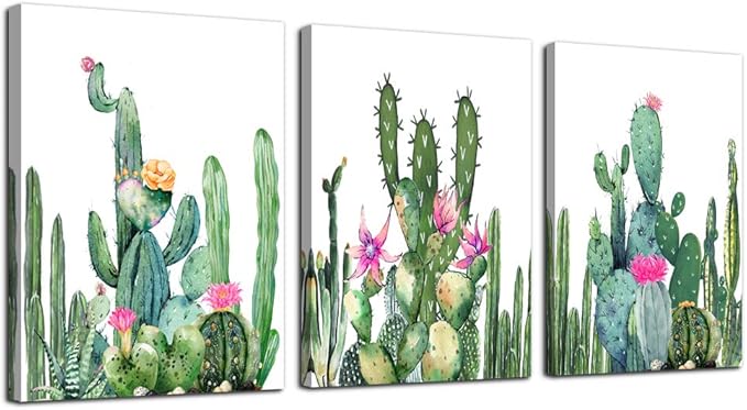 Canvas Wall Art for living room bathroom Wall Decor for bedroom kitchen artwork Canvas Prints green watercolor cactus painting 3Pieces abstract Modern framed office Home decorations family picture