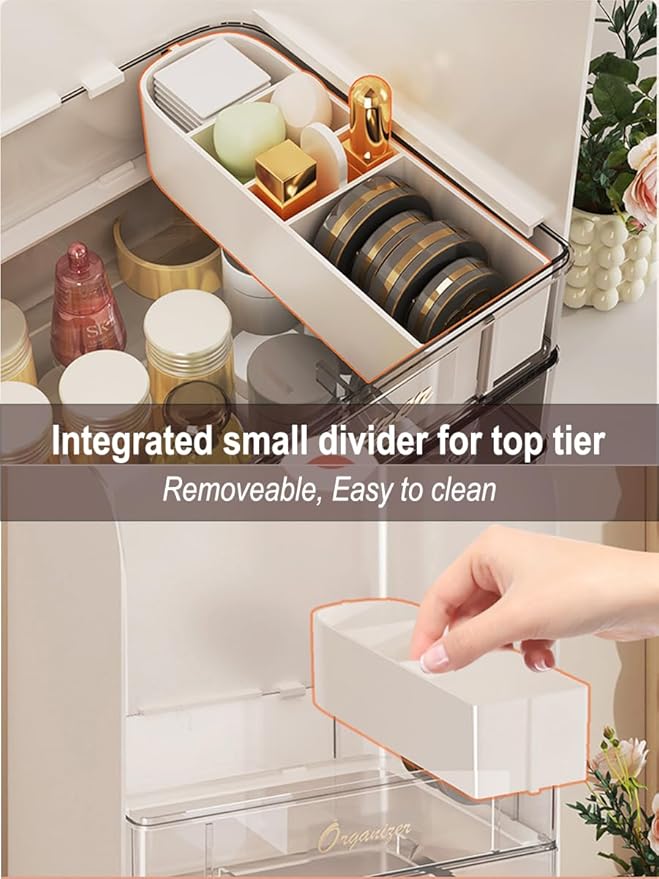 Makeup Storage Box with 2-Tier Drawer and Transparent Cover for Countertop Storage, Makeup Organizer for Skincare, Clear Cosmetic Display Case for Vanity (Avocado Green)