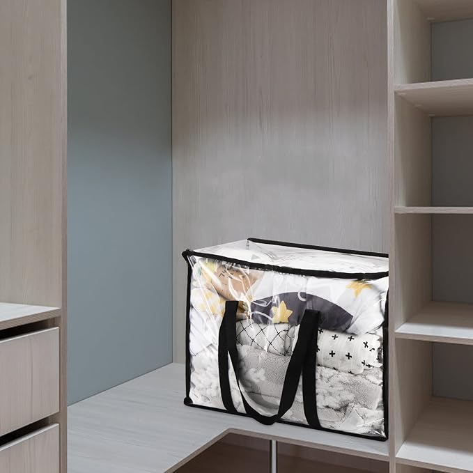 Fasmov 4 Pack Clear Clothes Storage Bag Organizer with Reinforced Handle, Closet Organizer Vinyl Bag for Bedding, Linen, Blankets, Duvet Covers, Comforters, Clothes & Toys