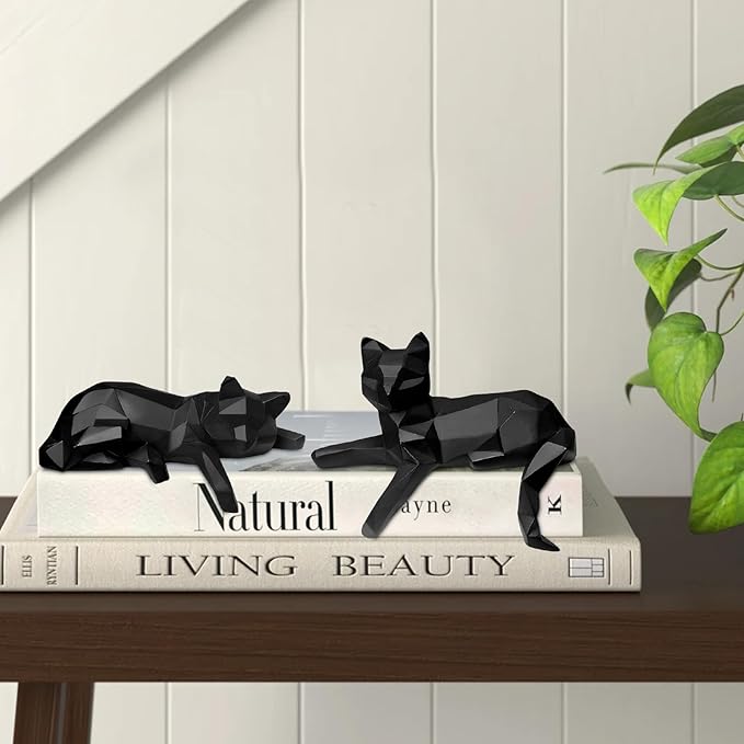 Bookshelf Decor Cat Statue, Modern Geometric Cat Figurines for Living Room Office Shelves Coffee Table Desk Decor – Set of 2 Minimalist Animal Statues (Black)
