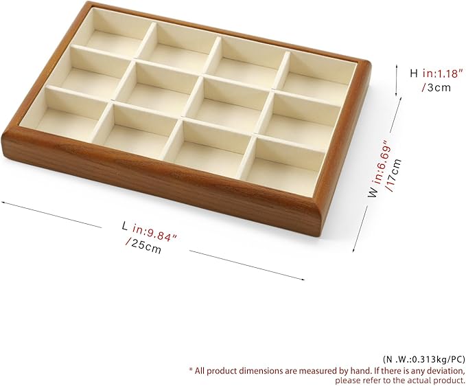 Oirlv Solid Wood 12 Grid Jewelry Organizer Tray Jewelry Drawer Organizer for Rings Earrings Storage Display(Creamy-white)