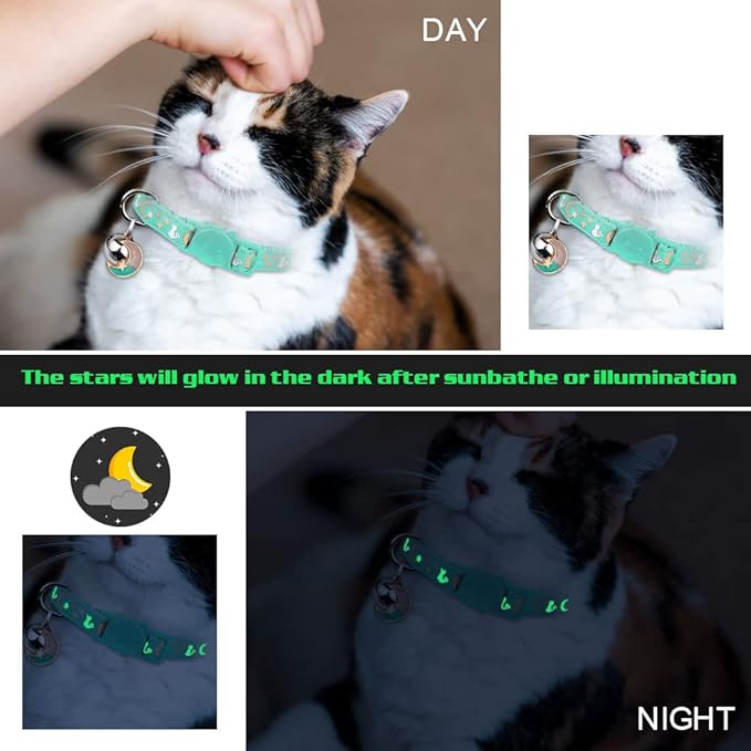 Baeuppit 2PCS Breakaway Cat Collars with Bell Moons Stars Cute Kitty Adjustable Safe Kitten Collars with Pendant Glow in The Dark(Black&Teal)