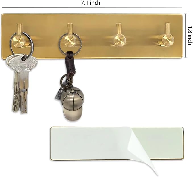 Self Adhesive Key Hook Rack with 4 Hooks for Keys, Masks - Wall Mounted Entryway, Hallway Hanger - Gold